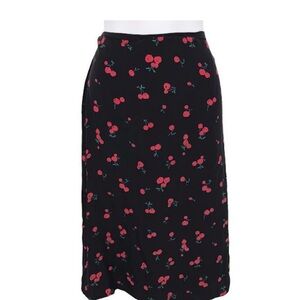 HVN Wiona Cherry Print Slip Skirt 12 Silk High Rise A-Line Midi Back Zip Black